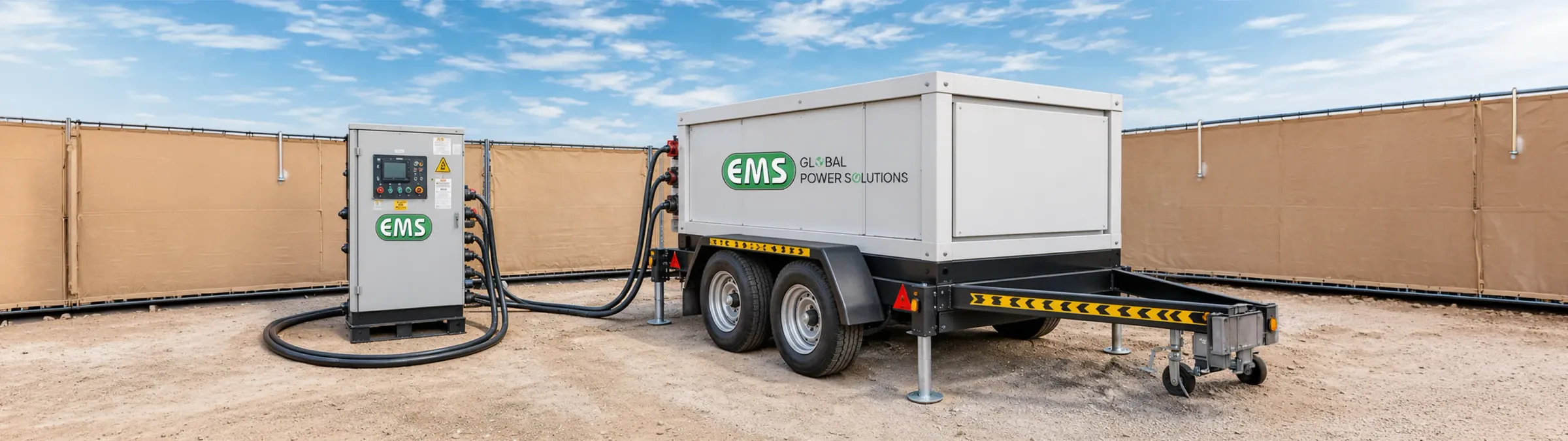 EMS mobile battery trailer cabled to an EMS power cabinet inside a fenced compound