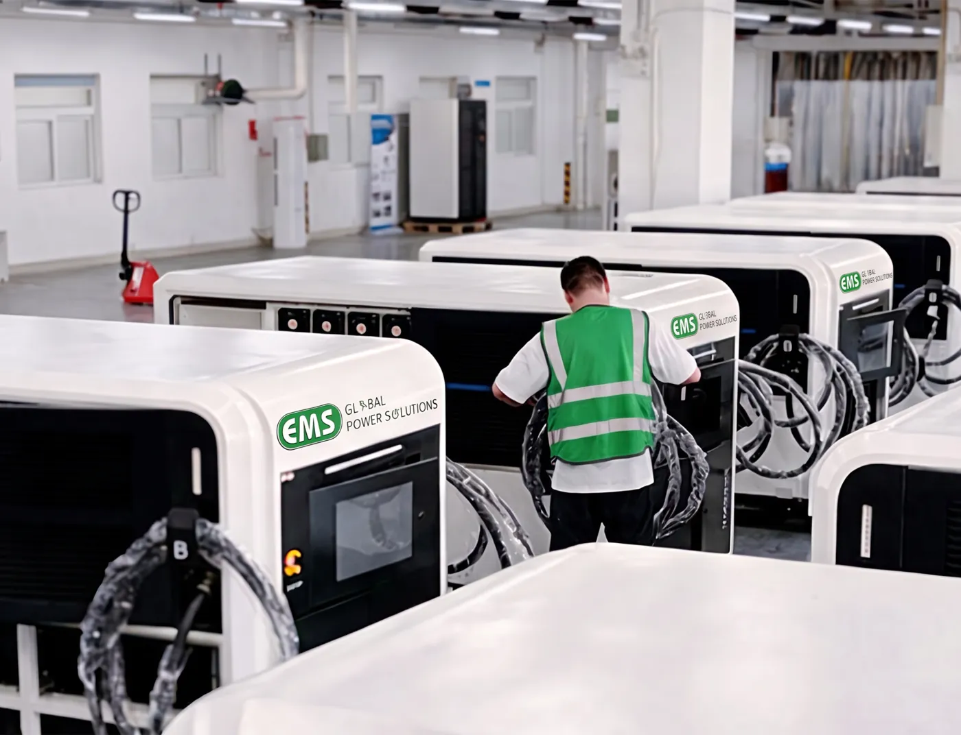 EMS technician preparing DC chargers on the factory floor