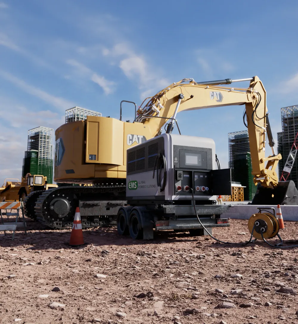EMS mobile battery unit beside an excavator on a construction site