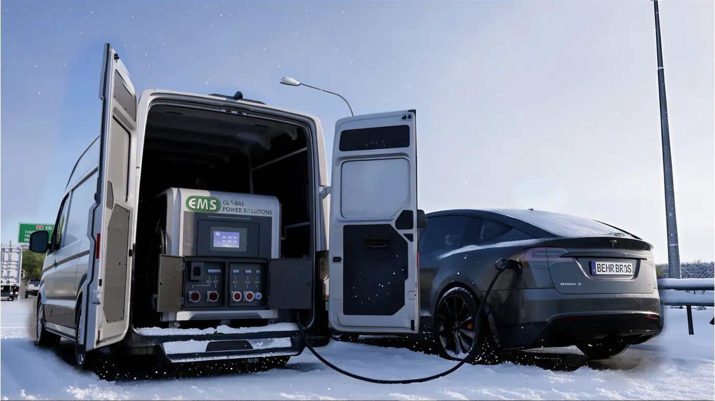 EMS mobile charger in the back of a van charging an electric car on a snowy roadside