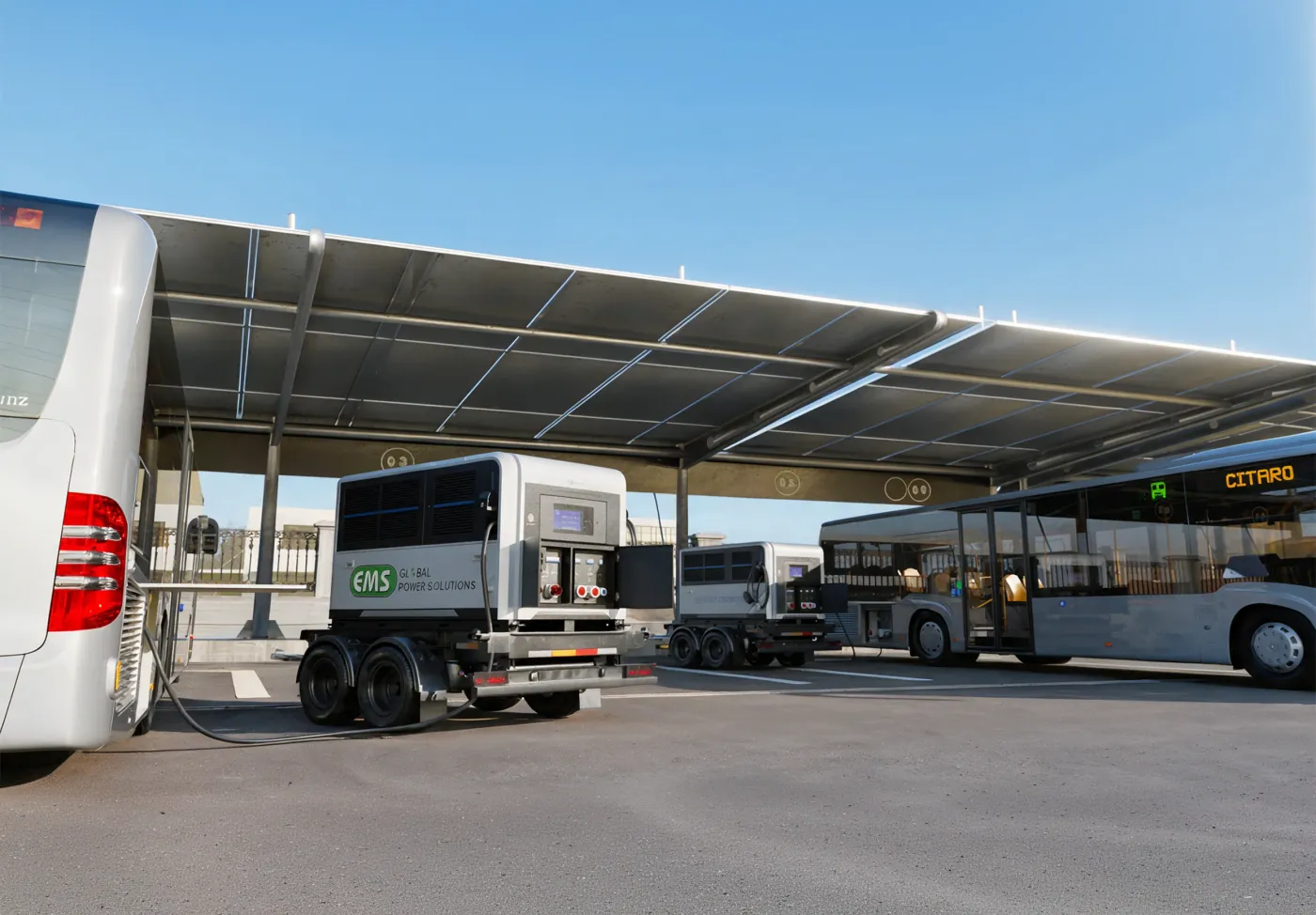 EMS mobile chargers on trailers charging electric buses under a solar canopy