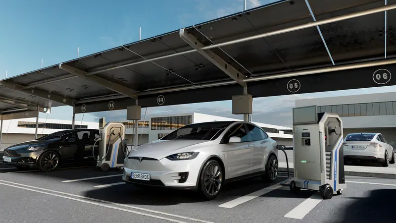 Mobile DC chargers under a solar carport on a forecourt
