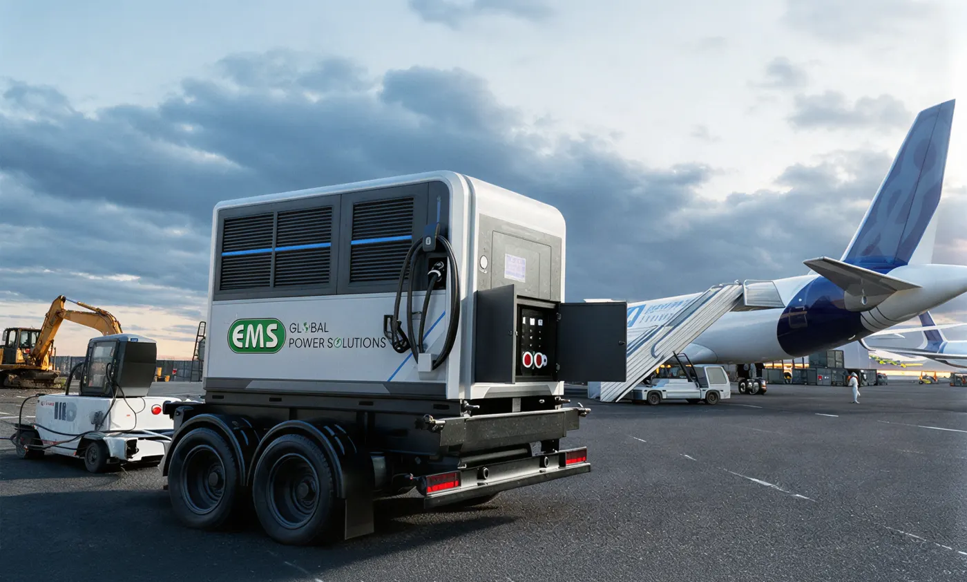 EMS mobile charging trailer on an airport apron beside a passenger jet