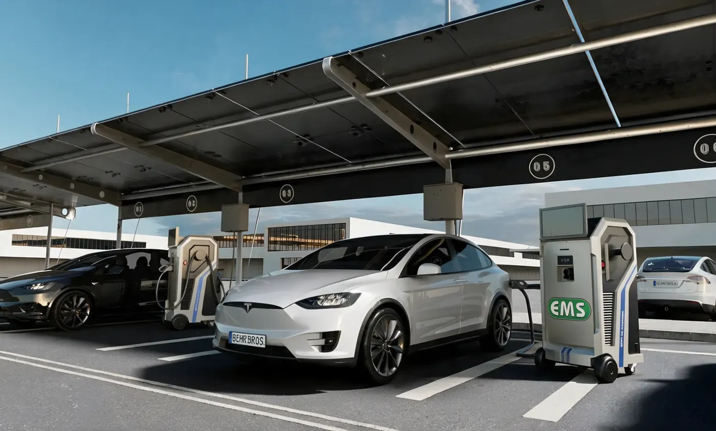 EMS mobile DC chargers beside electric cars under a solar carport