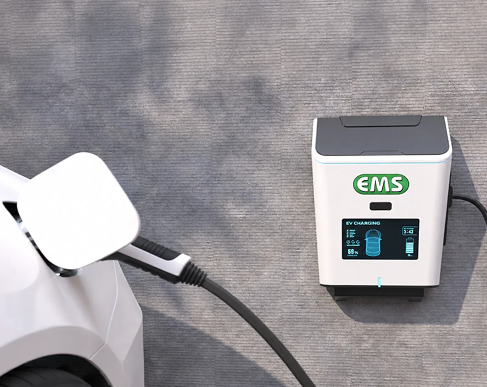 Electric car plugged into a wall-mounted EMS charger