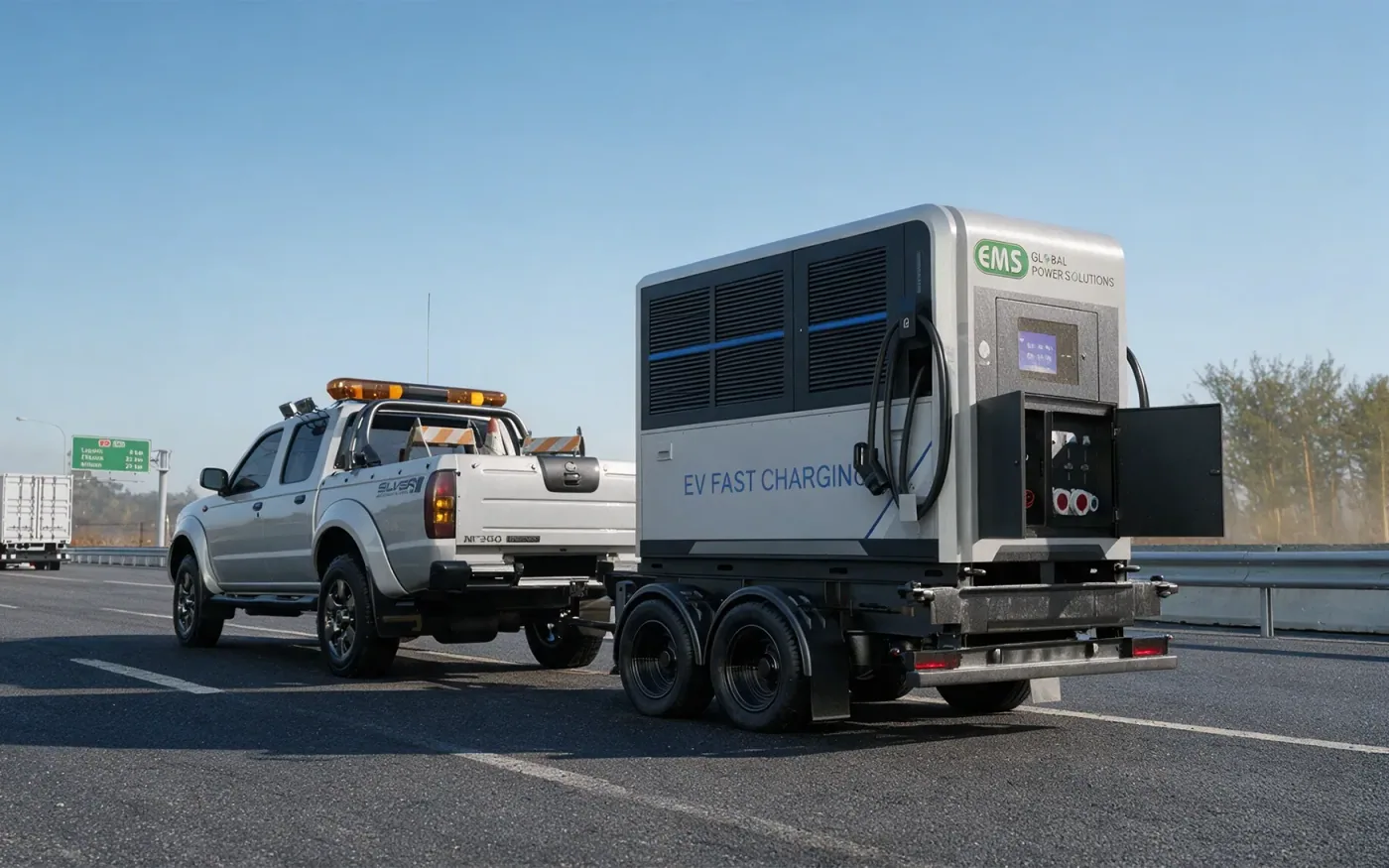 Recovery pickup towing an EMS mobile fast charger along a motorway