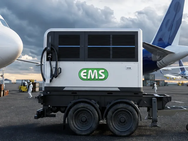 مقطورة شحن متنقلة من EMS موصولة بجرار على ساحة مطار بجوار طائرة إيرباص