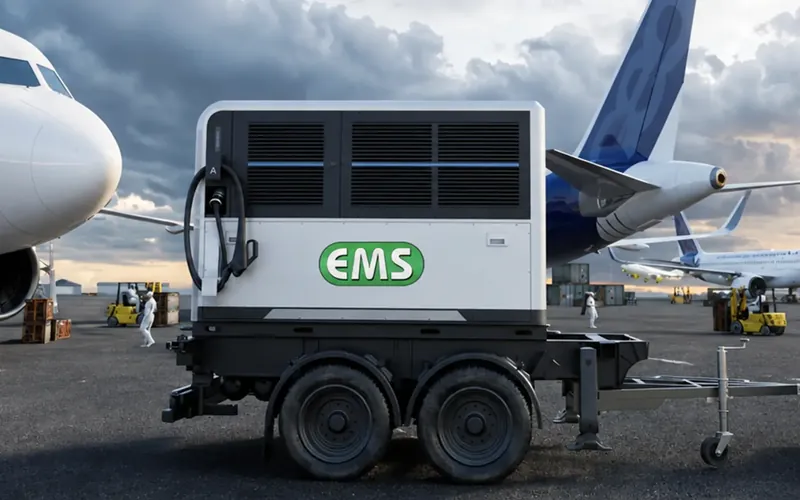 مقطورة شحن متنقلة من EMS موصولة بجرار على ساحة مطار بجوار طائرة إيرباص