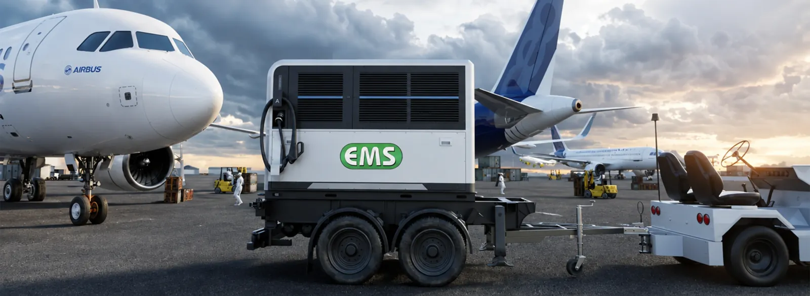 مقطورة شحن متنقلة من EMS موصولة بجرار على ساحة مطار بجوار طائرة إيرباص