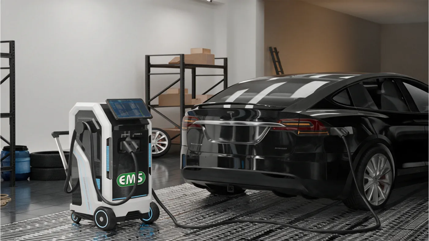 شاحن تيار مستمر متنقل من EMS موصول بسيارة كهربائية في ورشة